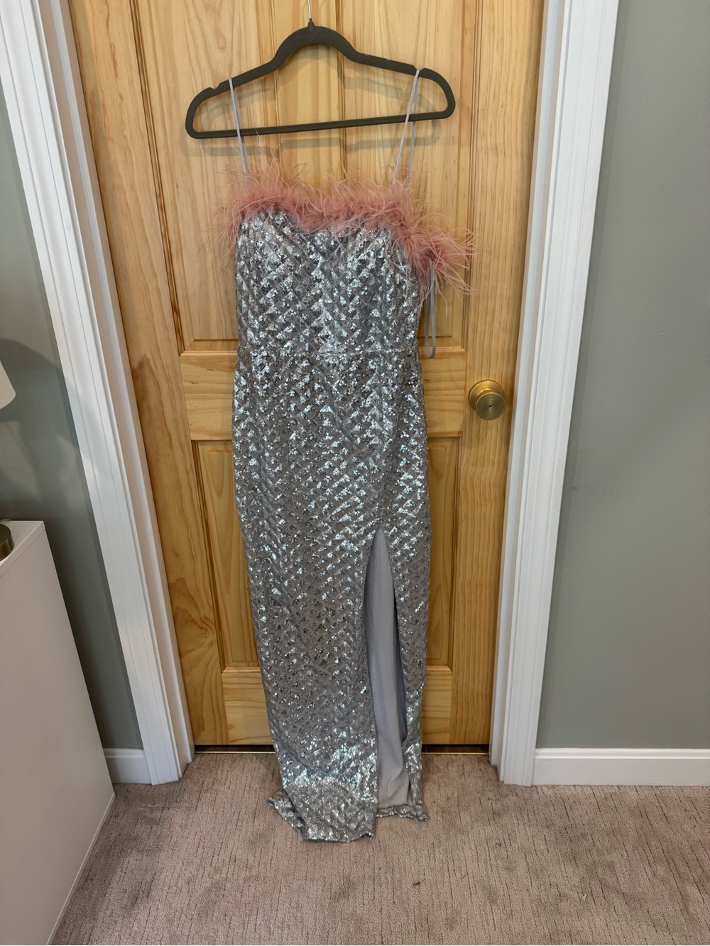 Silver Sequin Gown with Pink Feather Trim and Slit